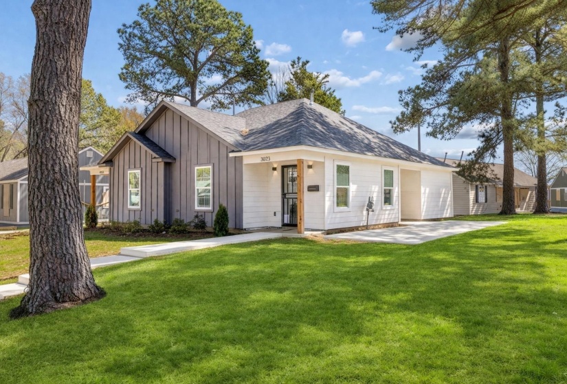 Contemporary exterior with board and batten siding in a two-tone finish