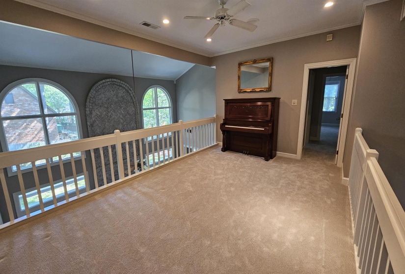 Carpeted landing with white railing overlooking a two-story space featuring arched windows and a textured accent wall