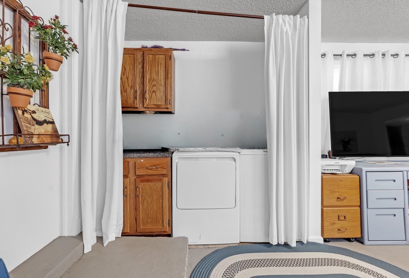 Dedicated laundry area featuring a white dryer, wood cabinetry, and a countertop