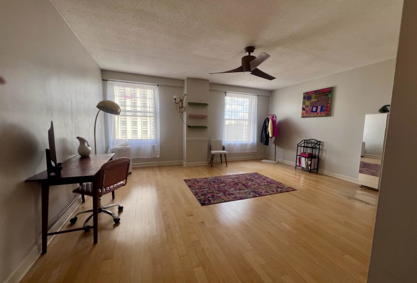 Spacious interior featuring blonde wood-finish flooring, two large windows with sheer white curtains, and a ceiling fan with integrated lighting