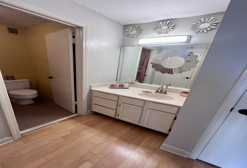 Bathroom featuring a single vanity with an integrated sink, light-colored countertop, and wood-finish flooring