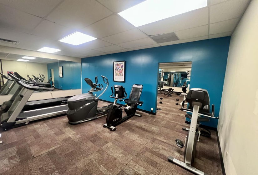 Fitness center featuring cardio equipment, mirrored walls, recessed lighting, and patterned carpet