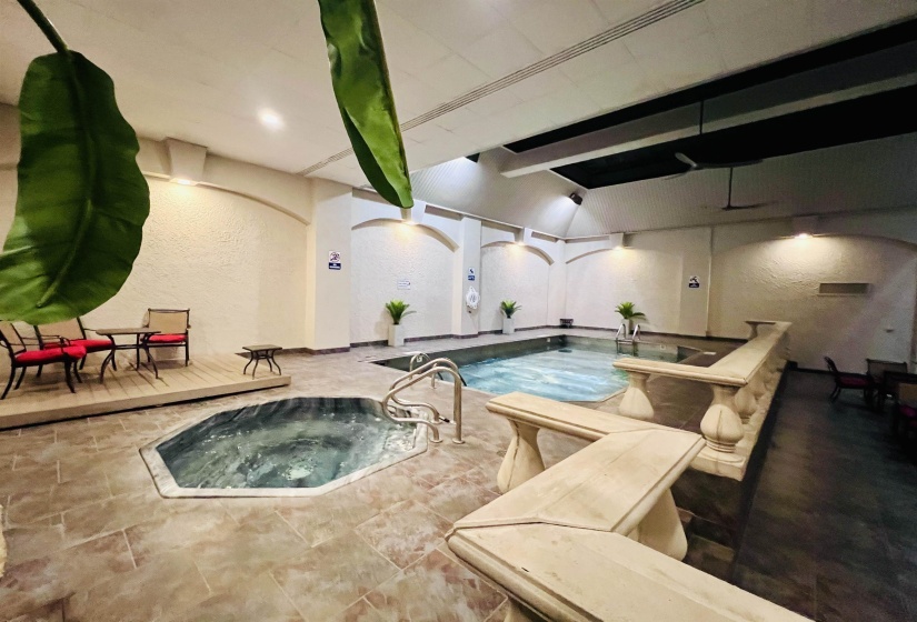 Indoor aquatic area featuring a rectangular pool and an octagonal spa with handrails, surrounded by large format floor tiles