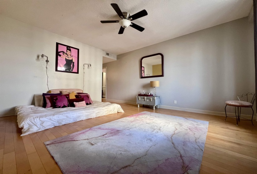 Spacious room with wood-finish flooring, a ceiling fan with integrated lighting, and light-toned walls