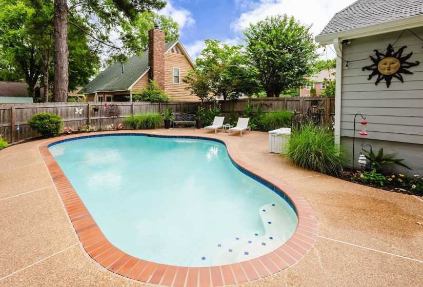 Resort-style backyard featuring a freeform swimming pool with integrated steps, brick coping, and a textured concrete surround