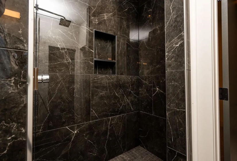 Shower enclosure featuring dark marbled tile, clear glass door, built-in shower niche, and a rain showerhead