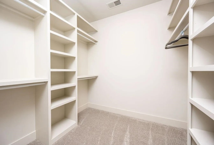 Walk-in closet featuring built-in shelving, hanging rods, and light-toned carpet flooring