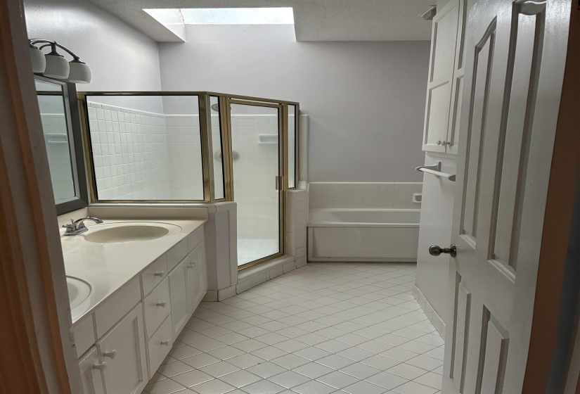 Bathroom featuring a skylight, dual vanity with integrated dual sinks, and paneled cabinetry. Primary bath includes shower and separated tube.