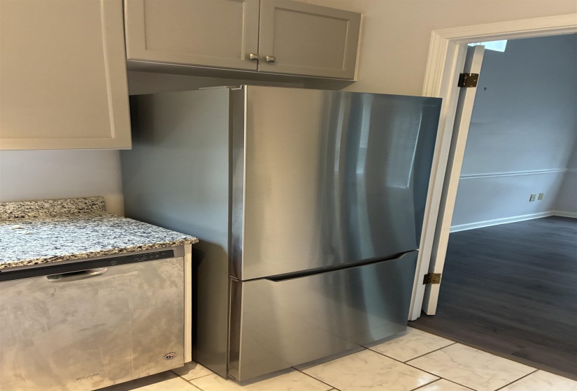 Stainless steel refrigerator and dishwasher with granite-style countertops, complemented by light-toned cabinetry