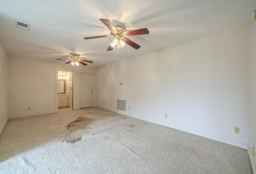 Carpeted room featuring two ceiling fans with light fixtures