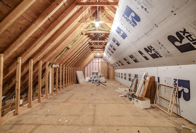 Unfinished attic space featuring exposed wood framing, wood-finish subflooring, and insulation panels