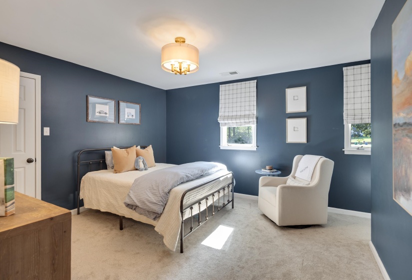 Bedroom featuring soft carpet flooring, blue painted walls, and a ceiling-mounted light fixture