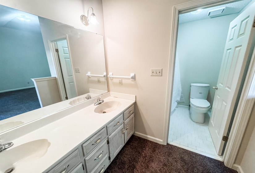Bathroom vanity featuring a dual-sink countertop with integrated basins