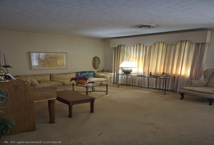 Carpeted living space featuring an ornate cornice board above window treatments, a decorative ceiling fixture, and light-toned wall finishes