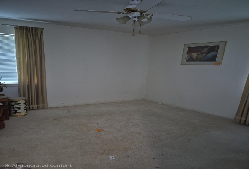 Room featuring a ceiling fan with integrated lighting, wall-to-wall carpeting, and a window with blinds and drapes