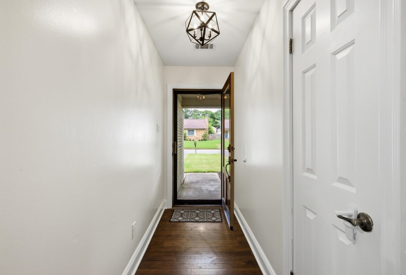 Entryway featuring wood-finish flooring, a contemporary geometric ceiling light fixture, and a paneled interior door with aged bronze hardware