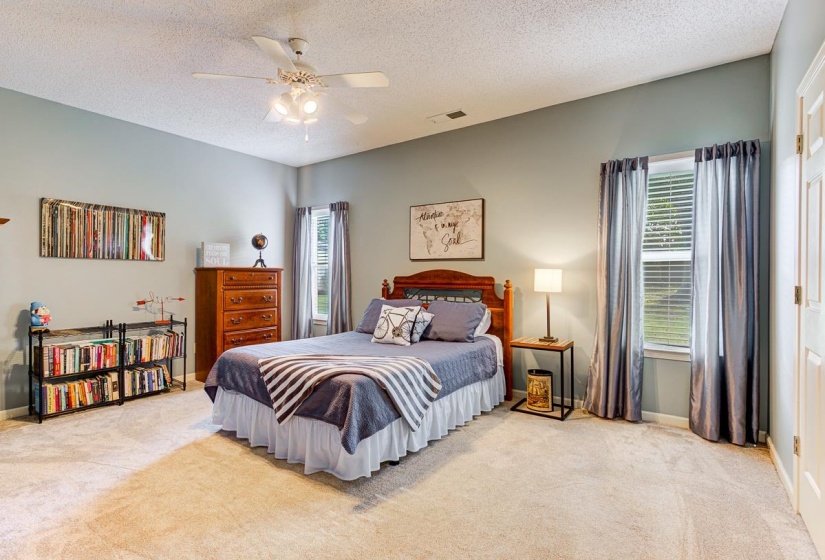 Spacious room featuring neutral carpeting, a ceiling fan with integrated lighting, and two windows with blinds and drapery