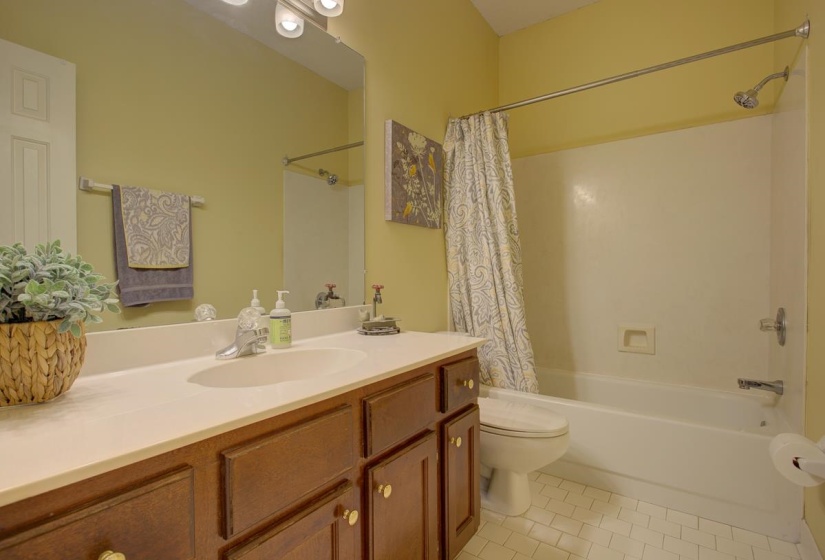 Full bathroom featuring a single vanity with wood cabinetry, a white countertop, and an integrated sink basin
