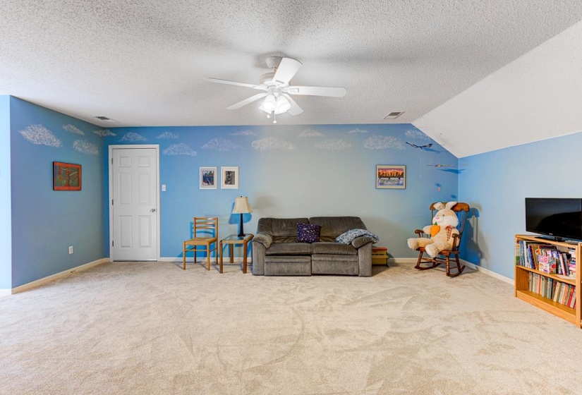 Spacious room featuring light-toned carpeting and a white ceiling with a ceiling fan