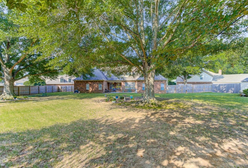 Expansive rear yard featuring mature trees and a manicured lawn