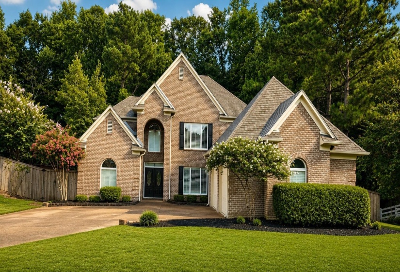 Brick exterior featuring multiple gables, arched windows, and a double-door entry