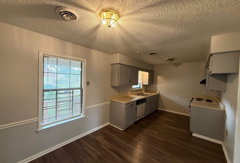 Kitchen area featuring wood-finish flooring, light gray cabinetry, and a double-basin sink