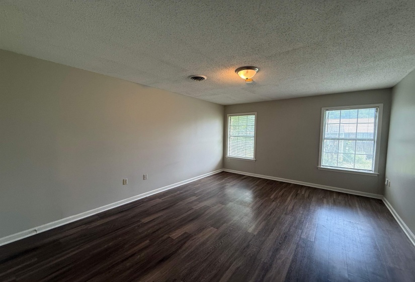 Spacious room with dark wood-finish flooring, light neutral-toned walls, and white trim