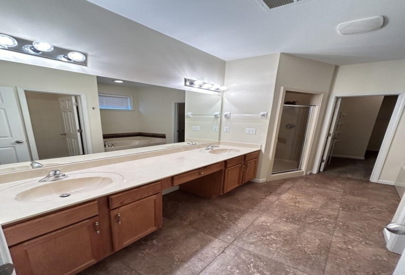Bathroom with vanity and plus walk in shower