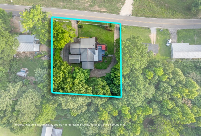 Aerial perspective showcasing a single-story residence with a multi-gabled roofline