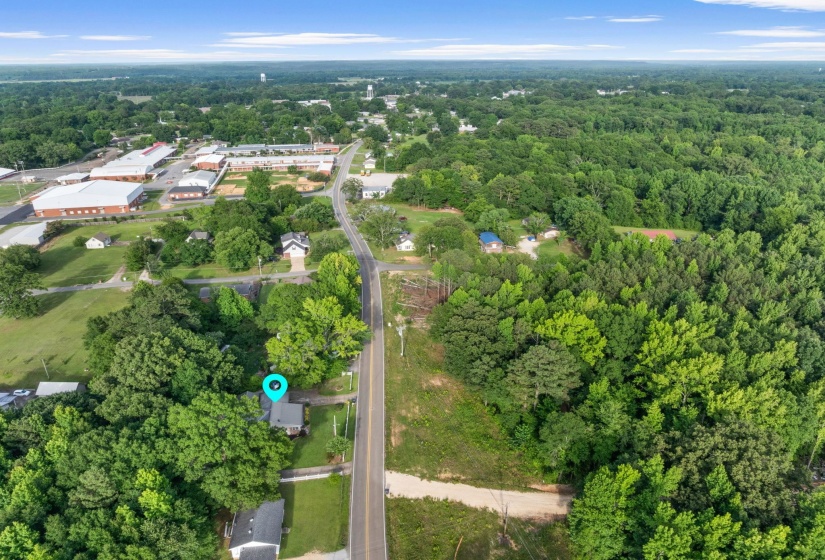 Aerial perspective showcasing a single-story residence nestled among mature trees