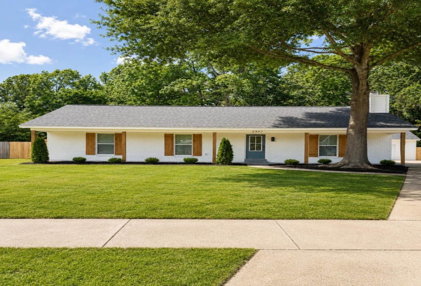 White brick exterior featuring a dark gray shingle roof, wood-finish window shutters, a blue entry door, and a concrete driveway
