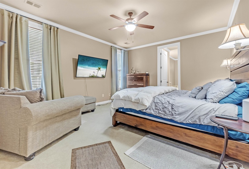 Spacious room featuring neutral tone walls, crown molding, and two windows with blinds