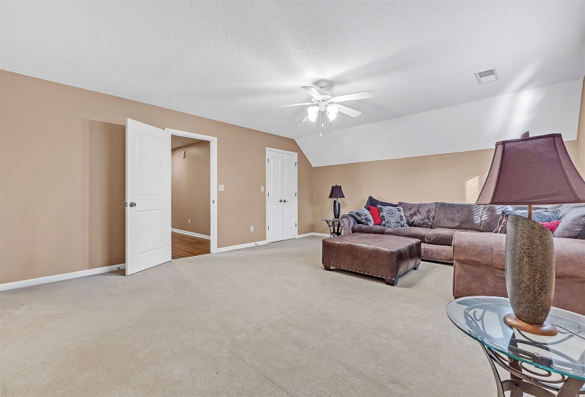 Spacious room with sloped ceilings and neutral-toned walls