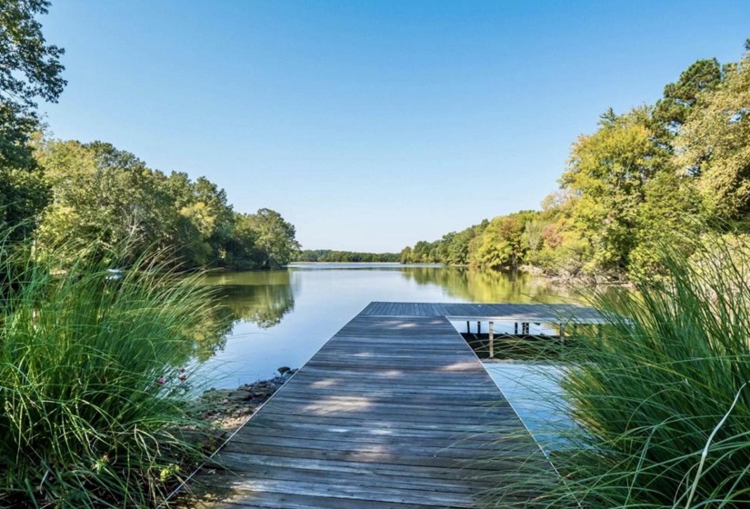 Private wooden dock extending over calm waters, framed by lush green trees and natural shoreline vegetation