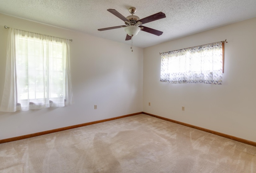 Carpeted interior room featuring light-toned walls, two windows, wood baseboards, and a ceiling light fixture