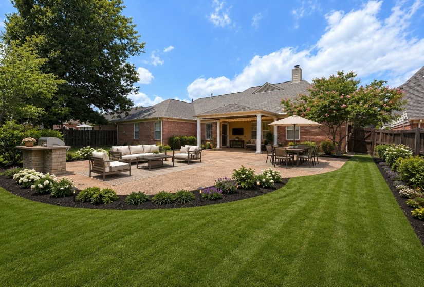 Expansive backyard featuring a manicured lawn, a stone-clad built-in grill station, and a multi-level paved patio