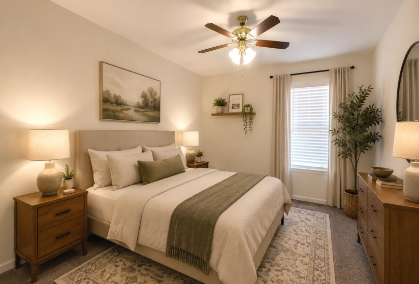 Carpeted room featuring a ceiling fan, window with blinds, and light-toned walls