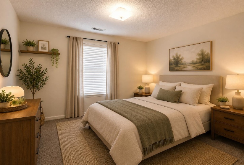 Carpeted bedroom featuring a window with blinds and drapes, a light-colored upholstered headboard, and a ceiling-mounted light fixture