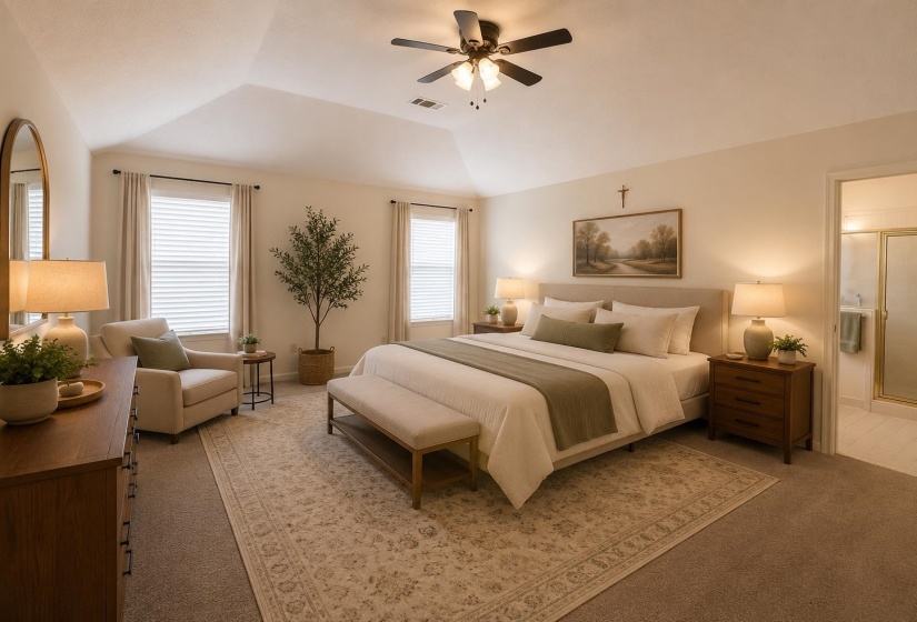 Carpeted bedroom featuring a vaulted ceiling and a ceiling fan