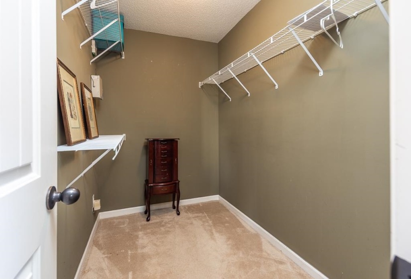 Open carpeted closet space, additional shelving behind door
