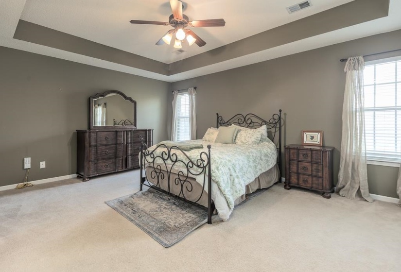 Room featuring a tray ceiling with a ceiling fan, neutral carpet flooring, and two windows