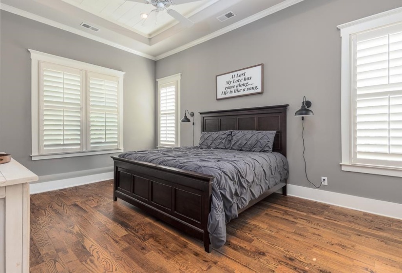 Bedroom featuring a tray ceiling with a fan, wood-finish flooring, and white plantation shutters on multiple windows