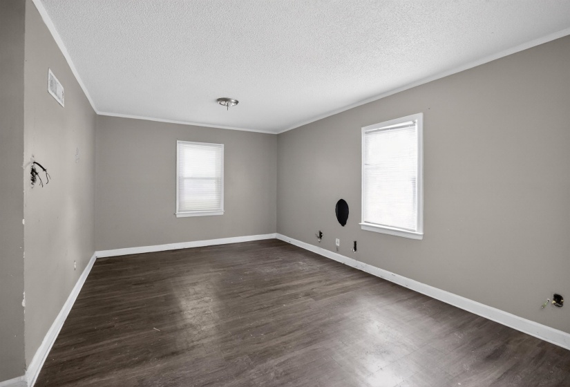 Spacious room featuring wood-finish flooring, light gray wall paint, and white trim