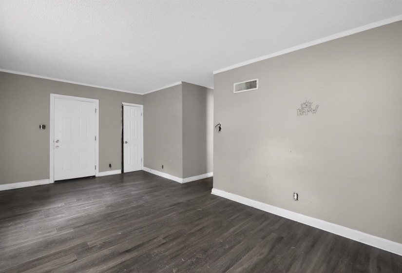 Spacious room featuring dark wood-finish flooring, light gray wall paint, white trim, and two paneled doors