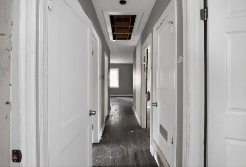 Hallway with multiple interior doors, light-colored walls, and dark wood-finish flooring