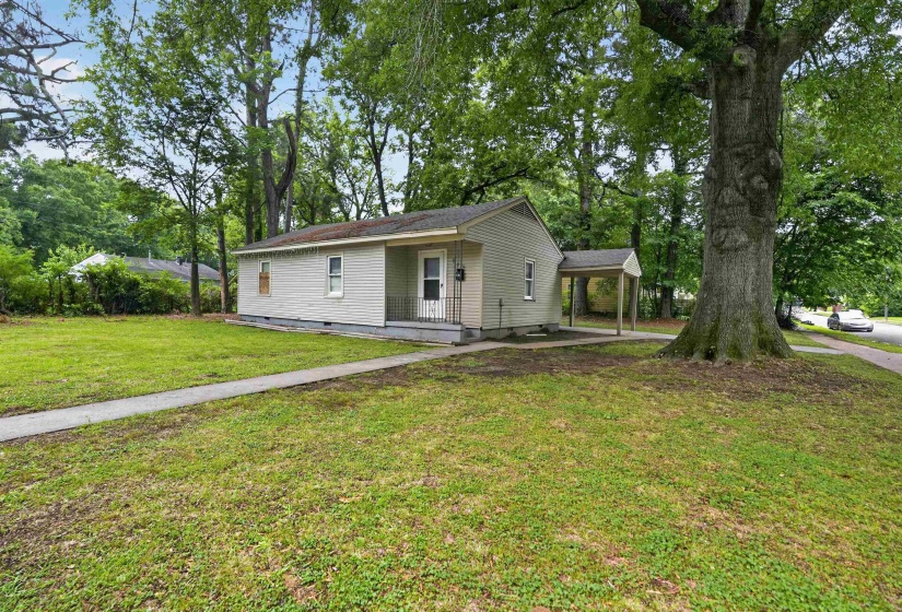Ranch-style residence featuring light-colored siding, a covered entry porch, and a carport