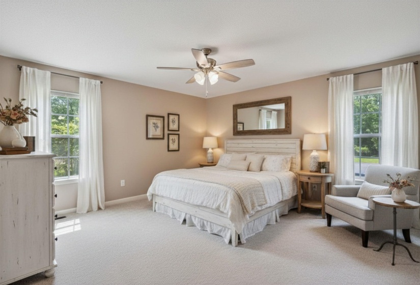 Spacious primary suite with walk-in closet and private   updated bath. (Virtually staged.)