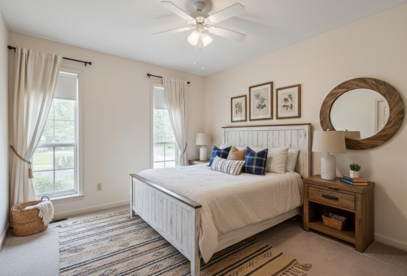 Comfortable  Bedroom 2 with ceiling fan and double closet. (Virtually staged.)