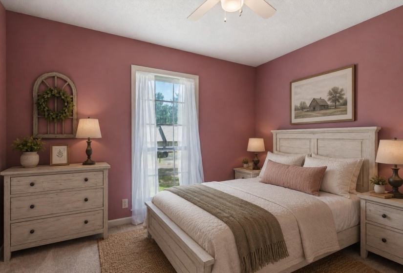 Versatile third bedroom with ceiling fan and double closet. (Virtually staged.)