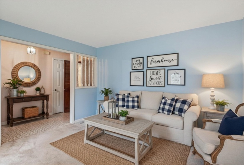 Bright Living Room  with crown molding. (Virtually staged.)
